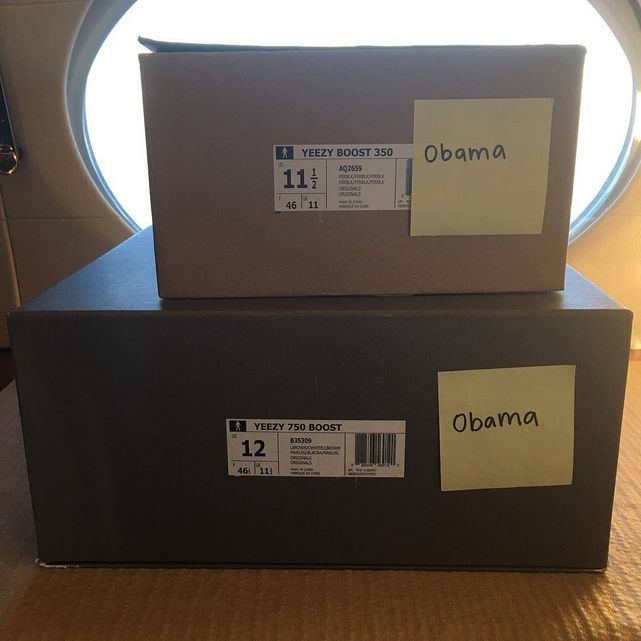 Obama joked about Ye’s 2020 run. Then Kim posted his two pairs of Yeezys. Yeezy Boost 350 AQ2659 on a Yeezy 750 Boost B35309, each box with an 'Obama' Post-it, 10 Oct 2015.