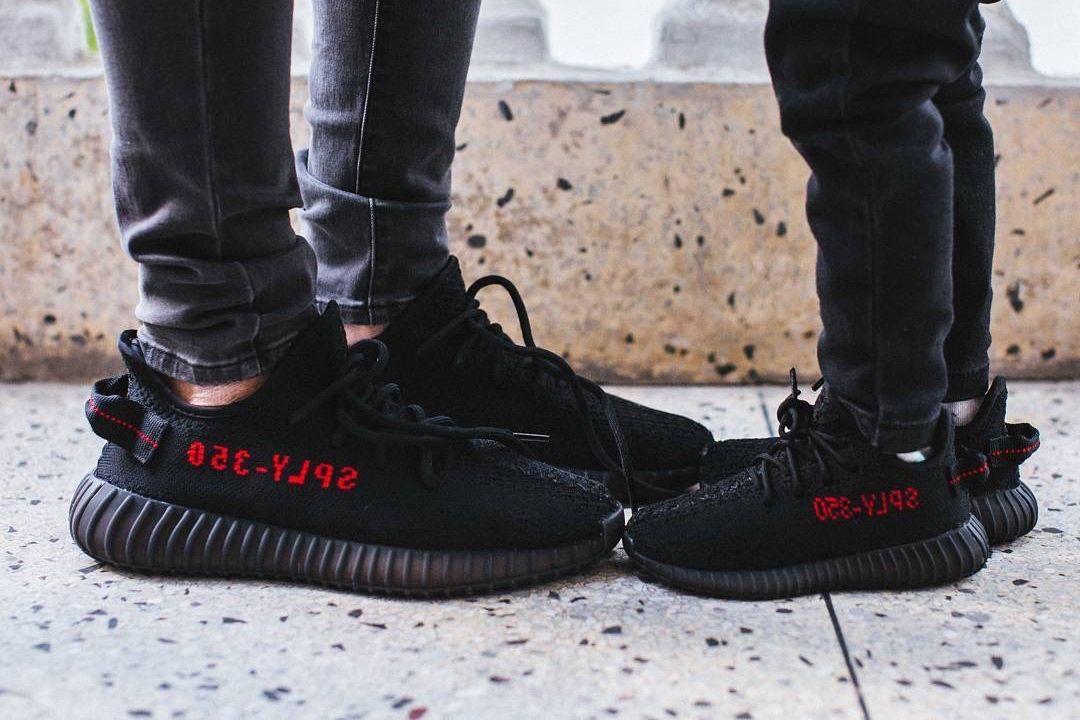 The black 350 V2 lost a little more of its stripe every time. Bred, on foot, two pairs on a terrazzo floor, February 2017.