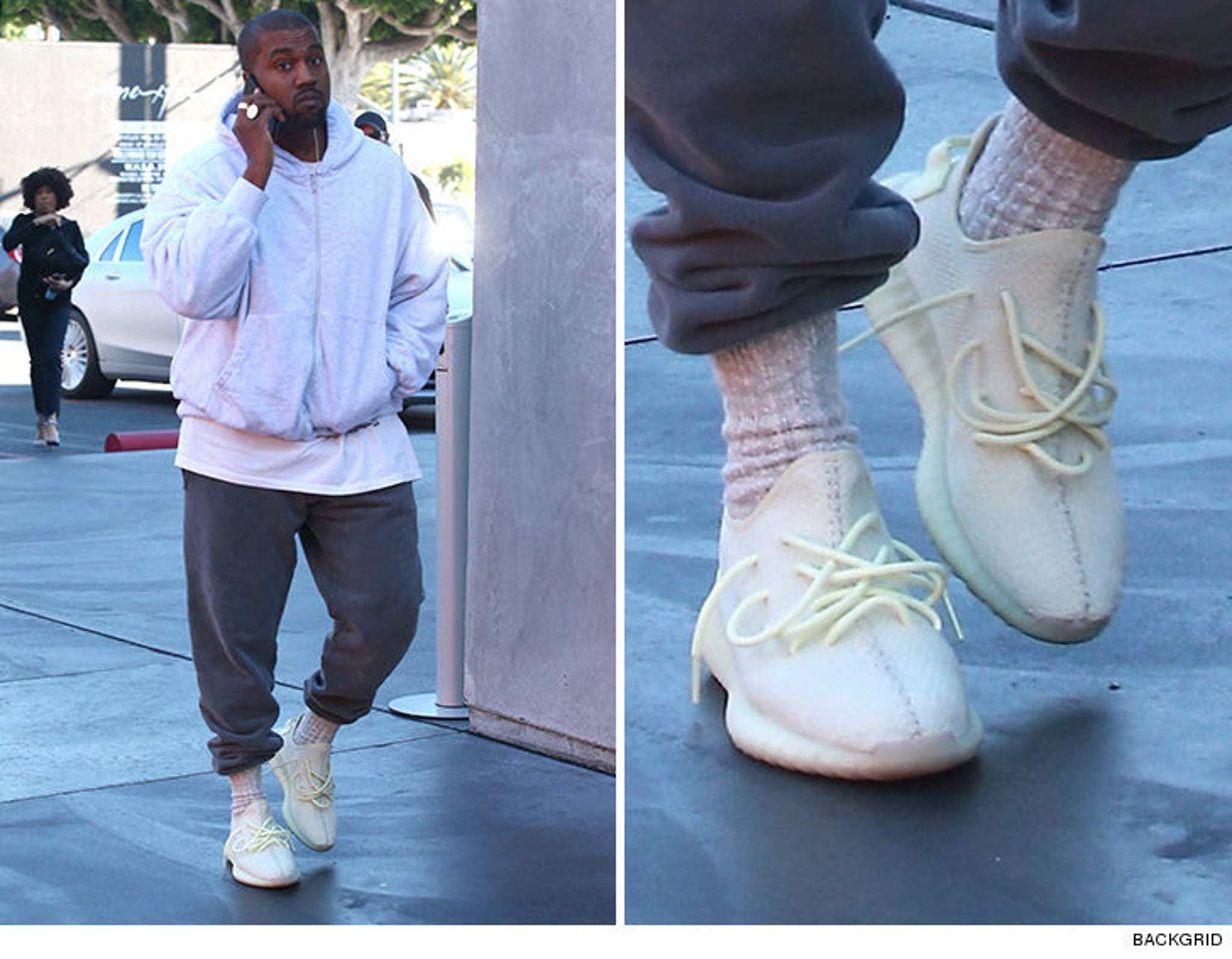 Ye wore an unseen yellow 350 V2 to Maxfield. Fans named it the Lime.. Ye outside Maxfield, West Hollywood, on Black Friday 2017: grey zip hoodie, grey sweats, pale yellow 350 V2 sample, with a close-up of the shoes.