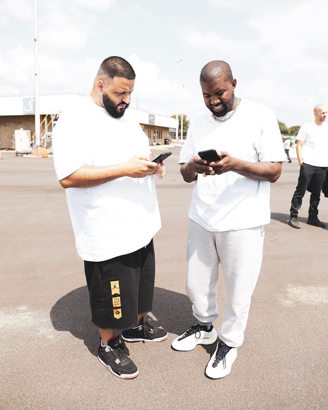 DJ Khaled got the 700 V3 straight off Ye’s feet, three months early. Ye and DJ Khaled on the tarmac in Atlanta, Sep 2019. Ye's in a white tee, grey sweats and the white 700 V3 sample he gave Khaled.