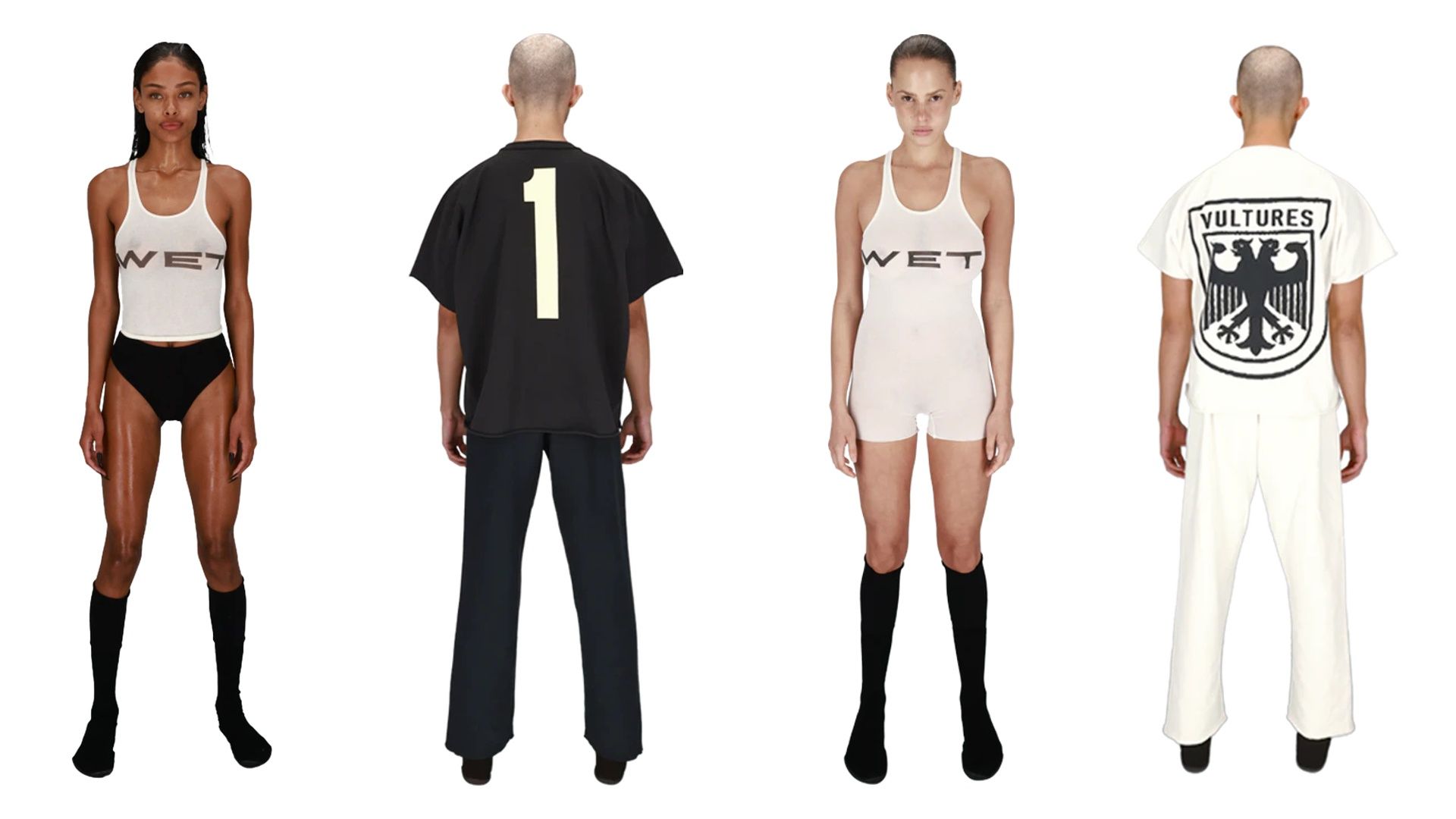 Gap wouldn’t go to $20. Ye’s Vultures box tee did.. The February 2024 yeezy.com drop on models: WET tank, a black box tee with a 1 on the back, WET romper, and the white Vultures box tee from the back, crest and VULTURES across it.
