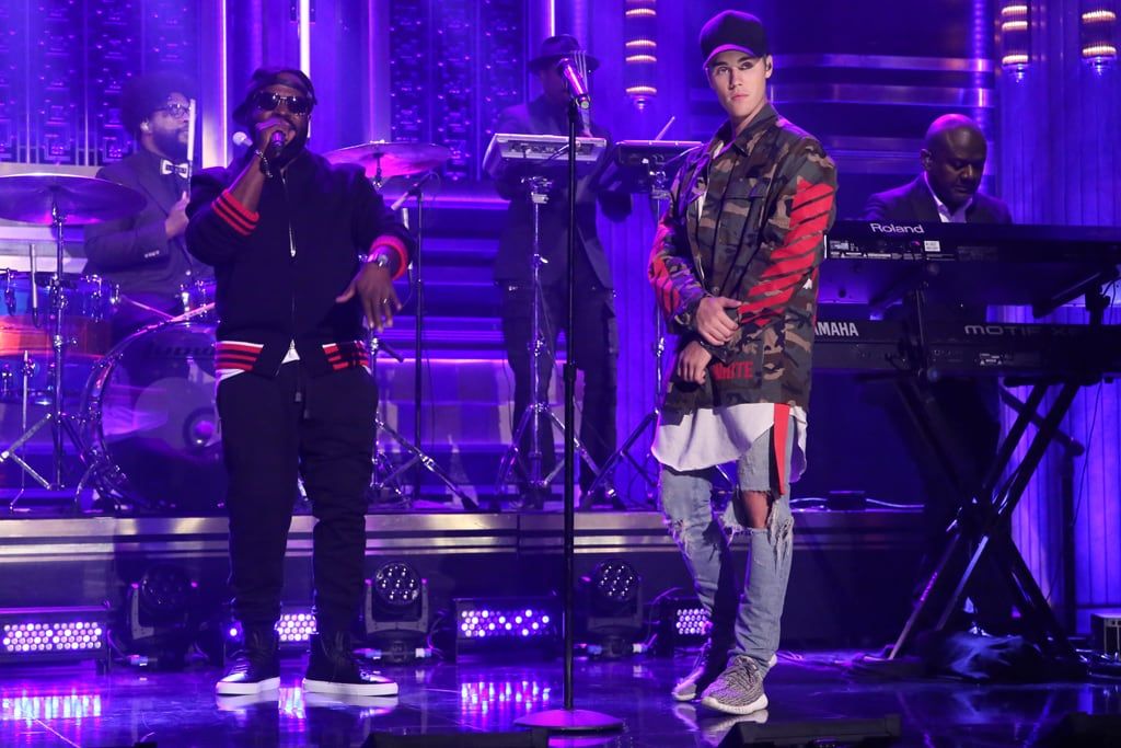 Justin Bieber wore Yeezys on Fallon three days after crying at the VMAs. Bieber performing 'What Do You Mean?' with Black Thought and The Roots, Turtle Dove 350s, 2 Sep 2015.