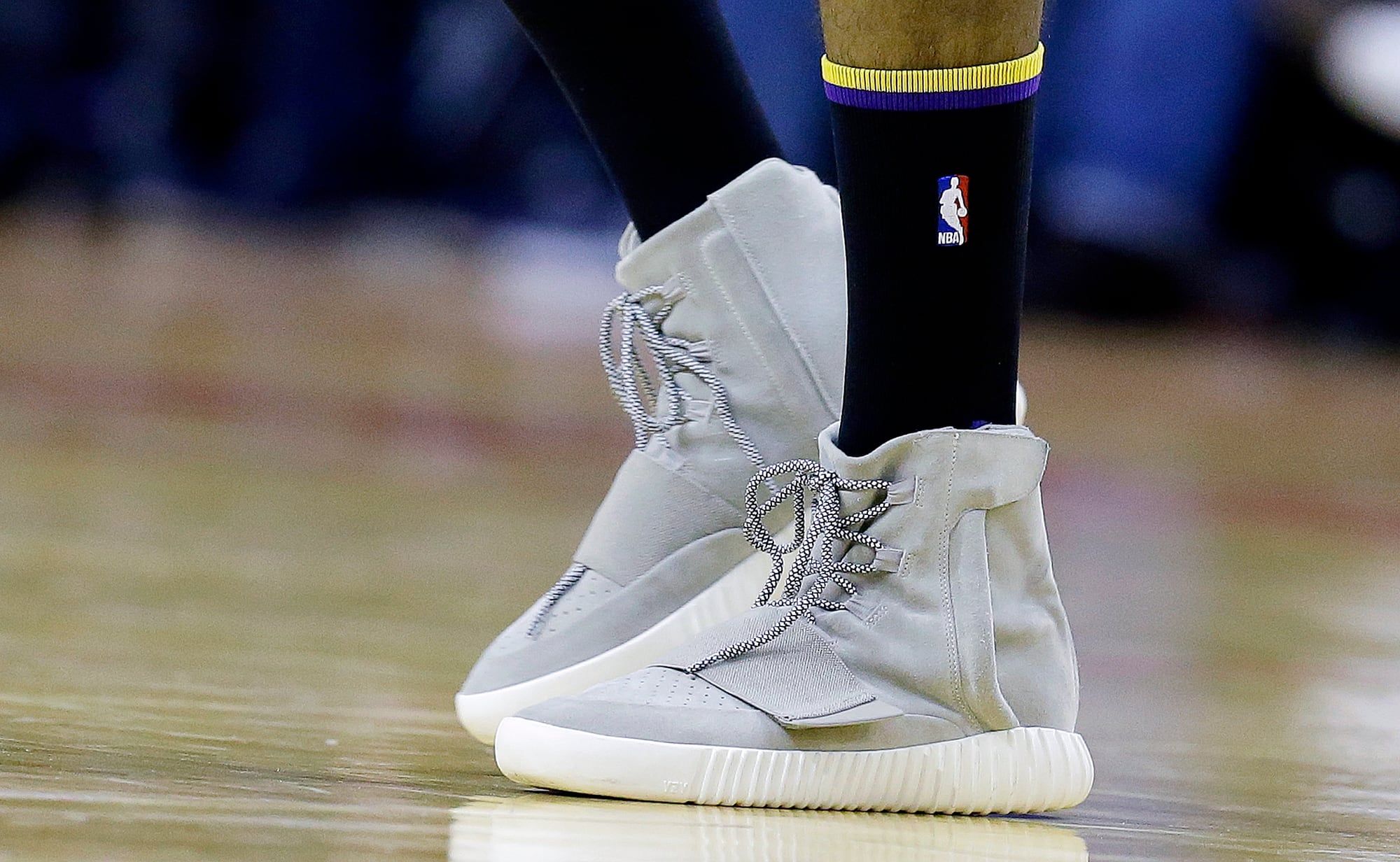 Nick Young played an NBA game in Yeezy 750s before anyone else. Close-up of Young's Yeezy 750 Boosts on court, Houston, 12 Dec 2015.