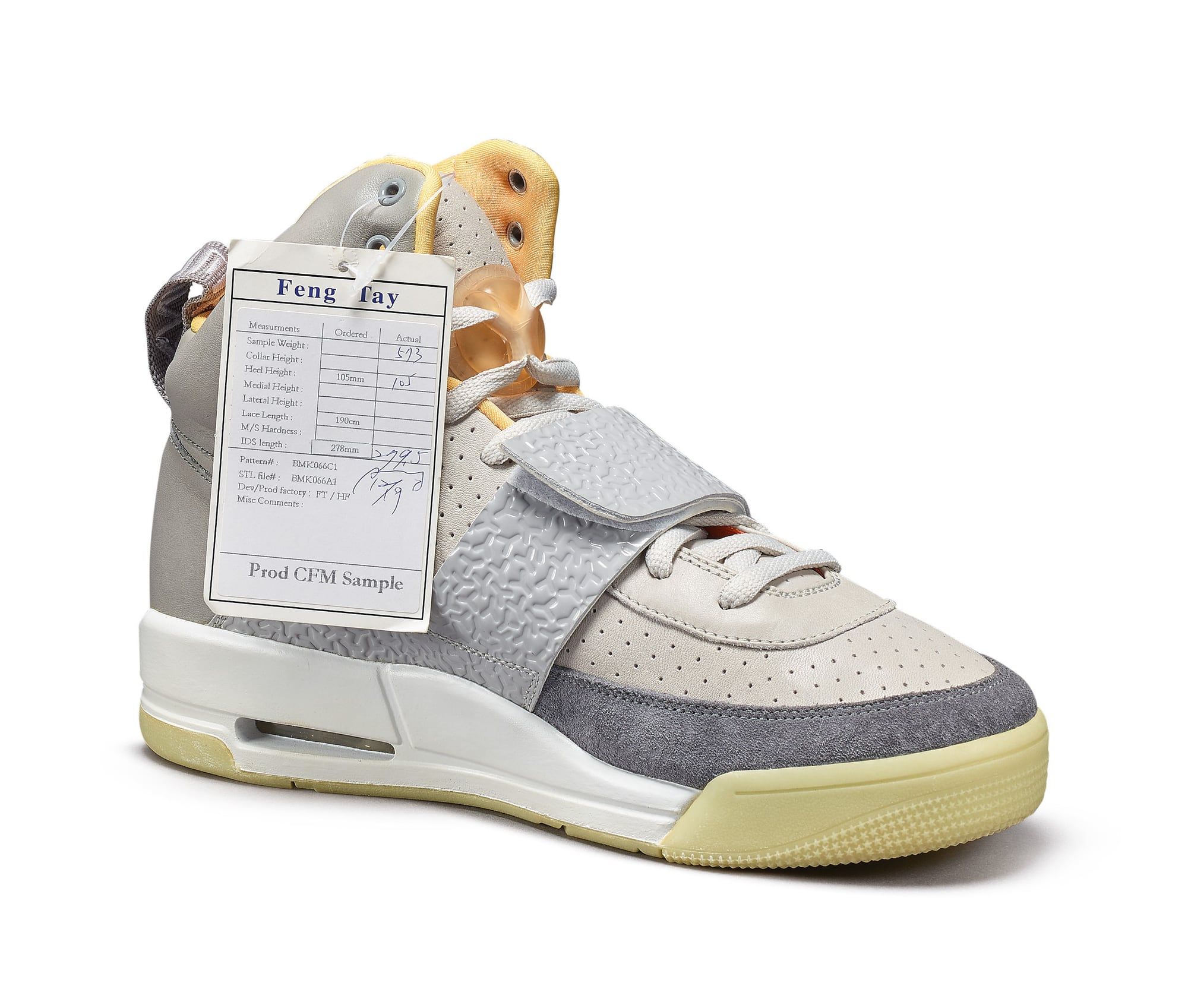 The Air Yeezy sample Sotheby’s sold first still had its factory tag on. The Feng Tay spec tag on the sample, filled in by hand.