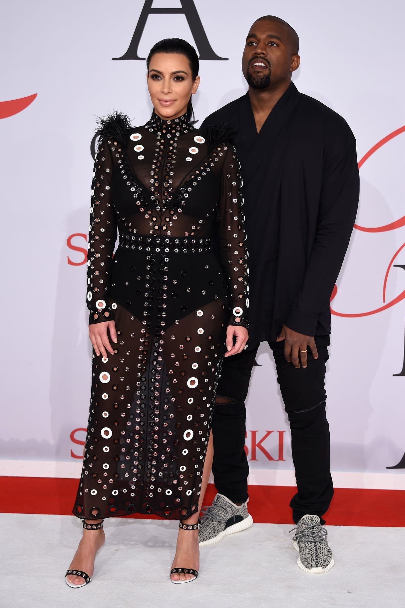 Ye wore the 350 Turtle Dove four weeks early, then again in black. Turtle Dove, Ye with Kim Kardashian at the 2015 CFDA Fashion Awards, Alice Tully Hall, New York, 1 Jun 2015.
