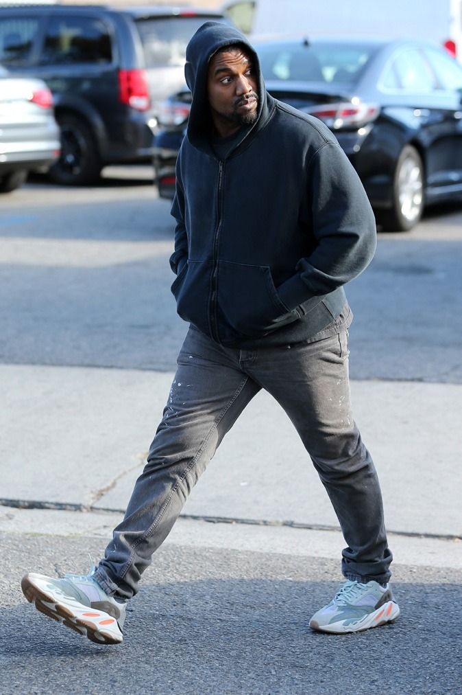 Ye wore Wave Runner samples all through 2017. Everyone else waited on a pre-order.. Ye in an unreleased Wave Runner: light grey, muted green, orange midsole accents, gum sole.