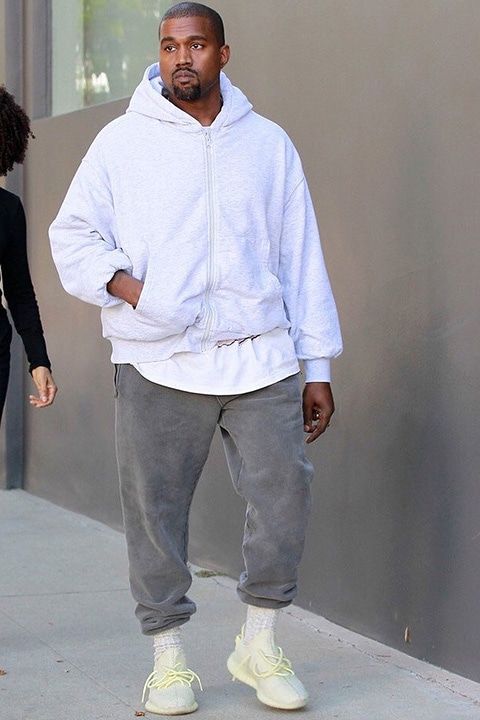 Ye wore an unseen yellow 350 V2 to Maxfield. Fans named it the Lime.. Ye walking on Black Friday 2017 in the pale yellow 350 V2 sample, full length.