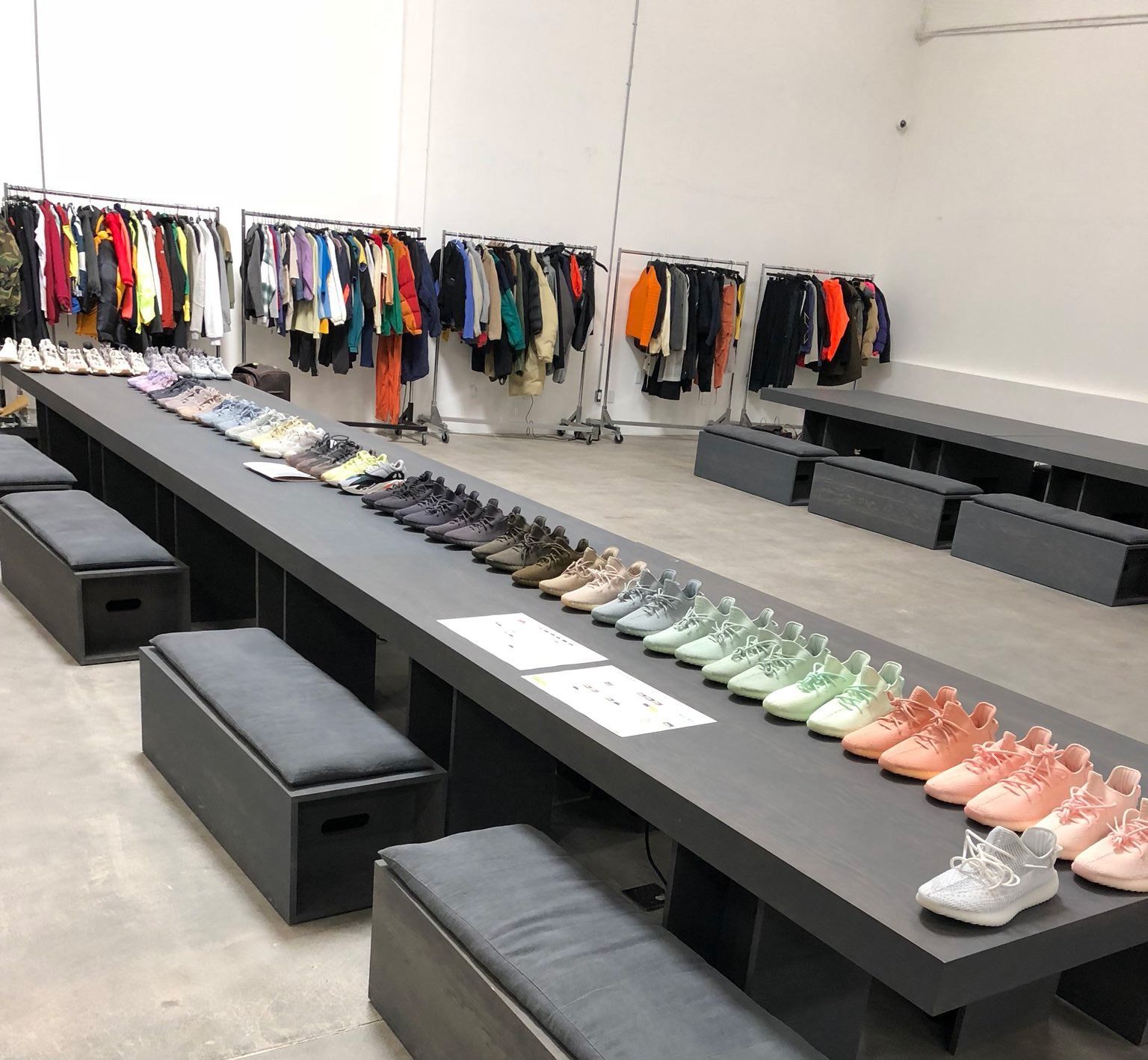 Ye posted the first Yeezy Slide in 2018 and called it a rough draft. A table of unreleased Yeezy samples in the Yeezy office, April 2018.