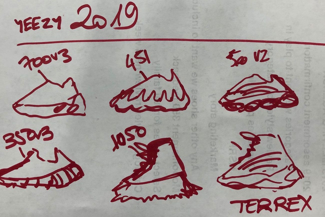 Ye’s mirror selfie was about his joggers. Everyone zoomed in on the boots.. Ye's 'YEEZY 2019' sketch in red marker: 700 V3, 451, 500 V2, 350 V3, 1050, Terrex.