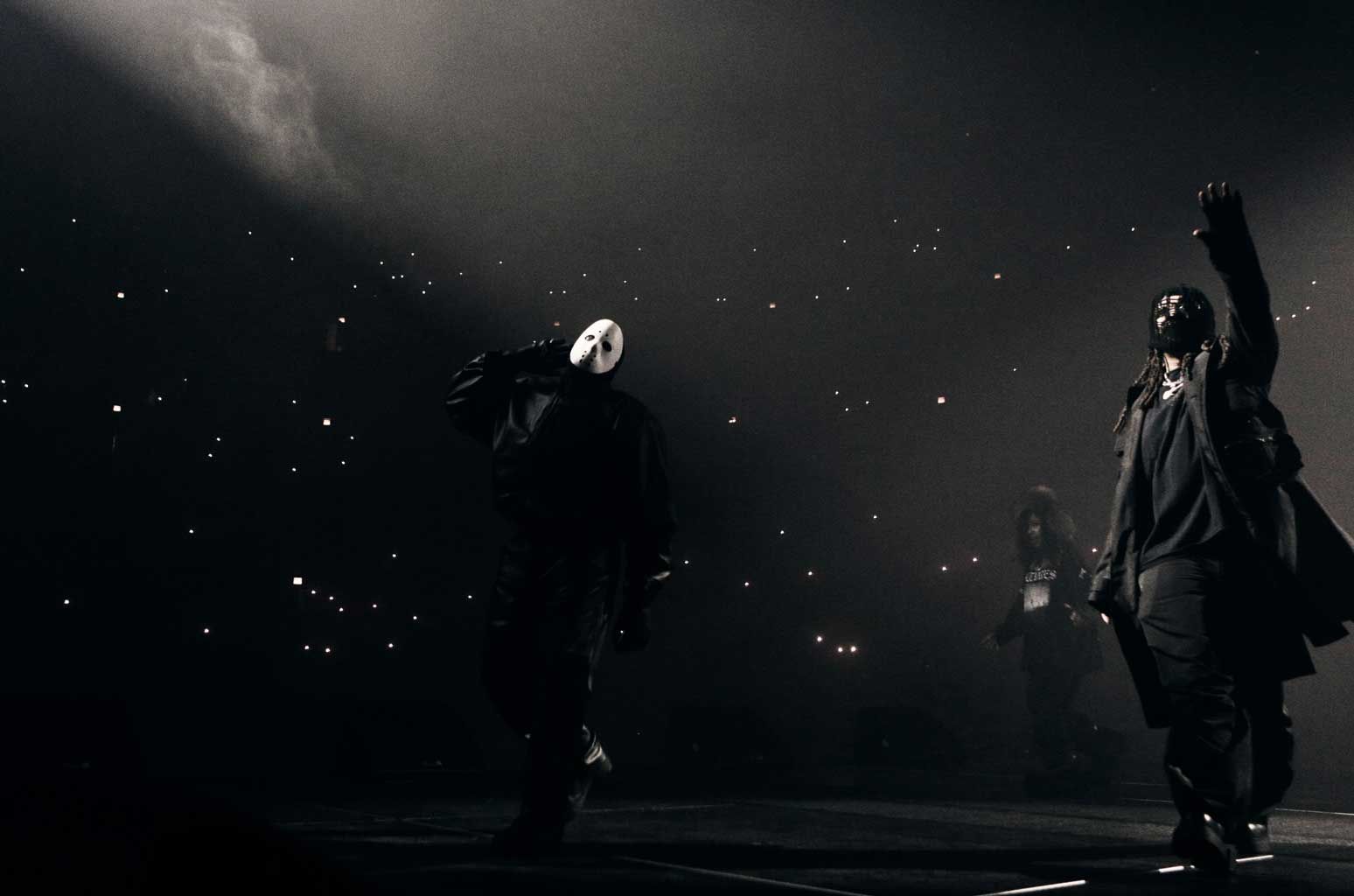 Ye played Vultures to his hometown in a hockey mask and never said a word. Ye in the mask and Ty Dolla $ign in a long black coat and mask on stage, 8 Feb 2024.
