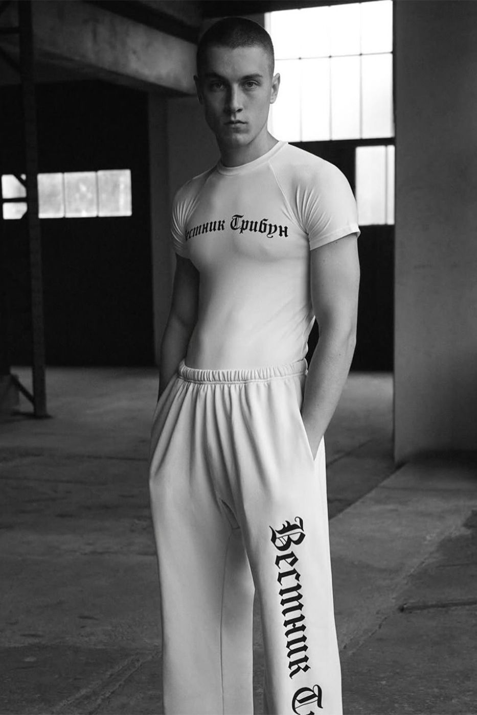 Ye wore the Herald Tribune down one leg in Tokyo, two months early. White, TS-02 tee and SP-01, YZY campaign.