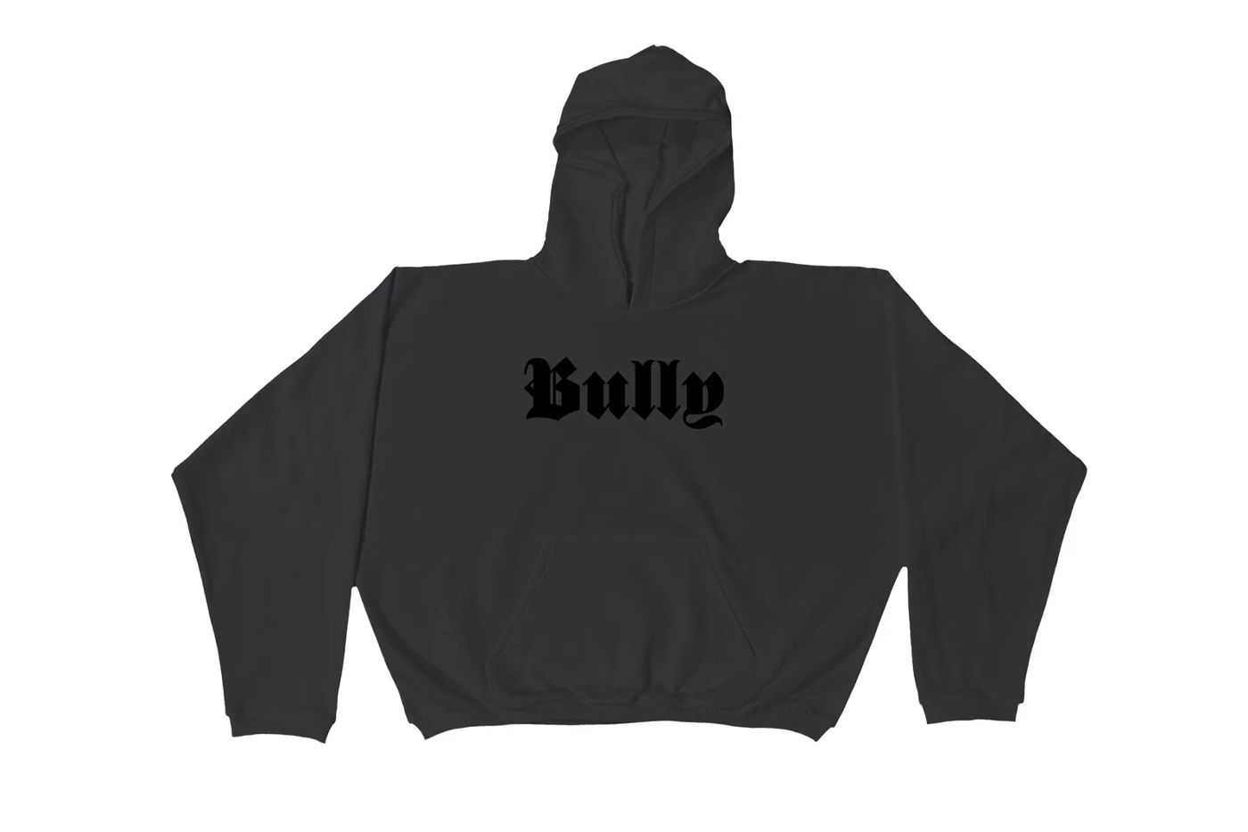 Ye’s Bully sweatpants were YZY’s SP-06 jogger, with one gothic word at the hip. Dark hoodie, BULLY across the chest, from the same update.