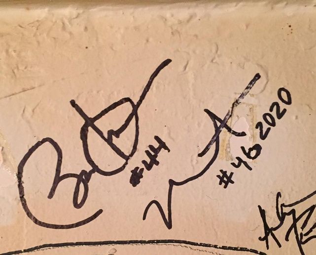 Obama joked about Ye’s 2020 run. Then Kim posted his two pairs of Yeezys. Obama's signature marked #44 and Ye's marked #46 2020, in marker on a wall, Oct 2015.
