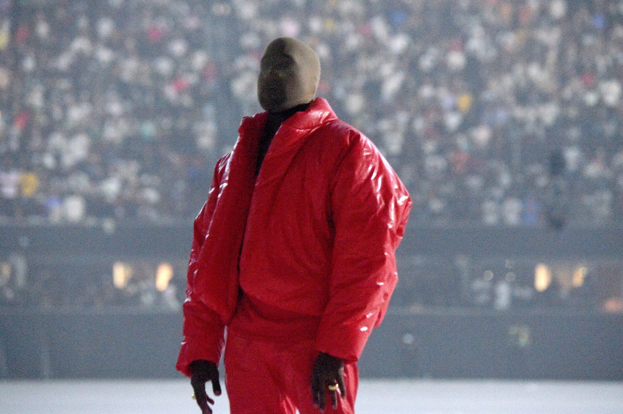 Ye wore all three Round Jacket colours before Gap put them on sale. Red, Ye close up, Atlanta, 22 Jul 2021.