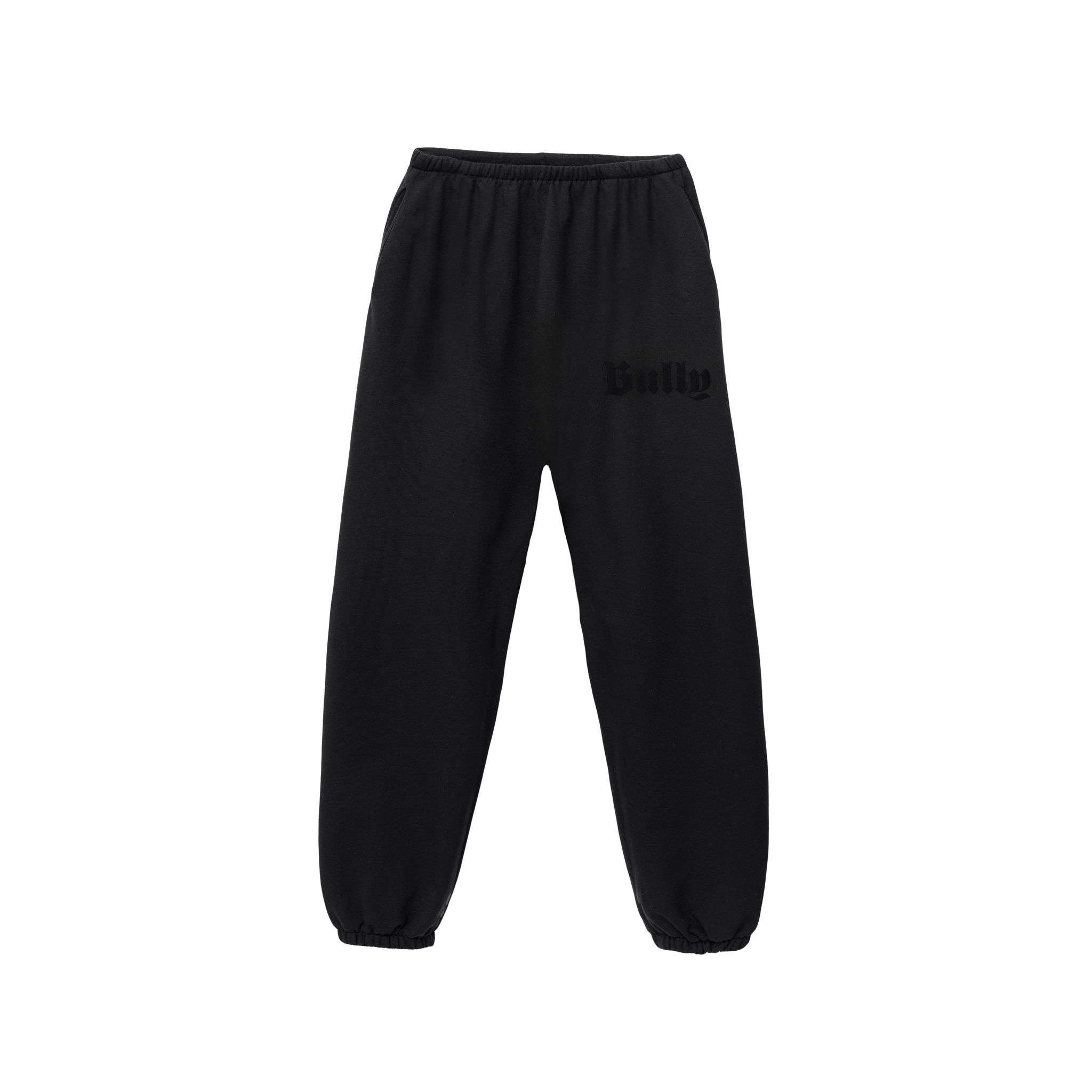 Ye’s Bully sweatpants were YZY’s SP-06 jogger, with one gothic word at the hip. Black on black SP-06 Bully sweatpant, front: cuffed, BULLY tonal at the hip, yeezy.com product image.