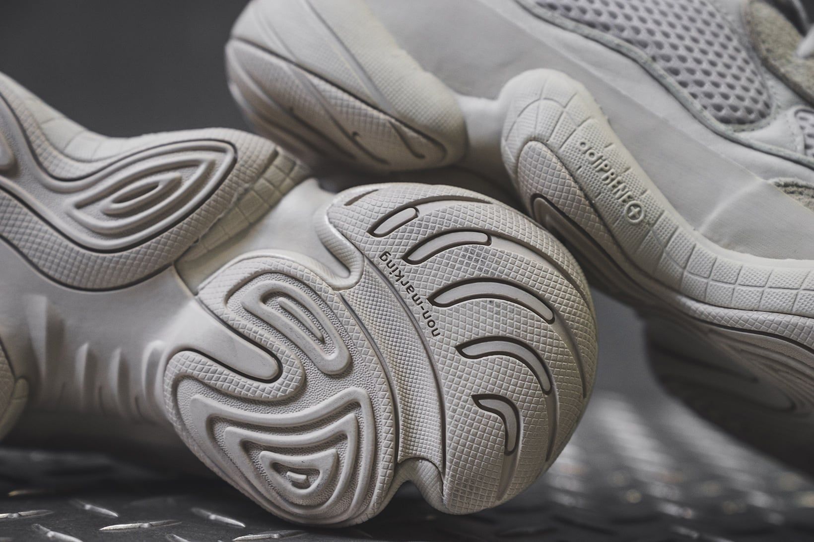 The Yeezy 500 went from nameless sample to infant sizes in under seven years. Yeezy 500 Blush, the adiPRENE outsole, Feb 2018.