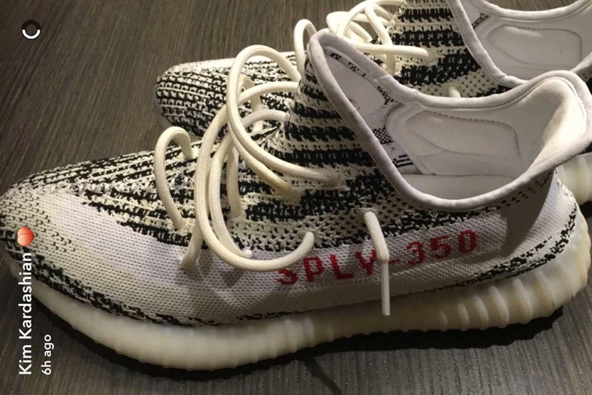 Ye wore the Zebra six months early, and Hypebeast guessed it was a 550. Zebra, close-up from Kim Kardashian's Snapchat.