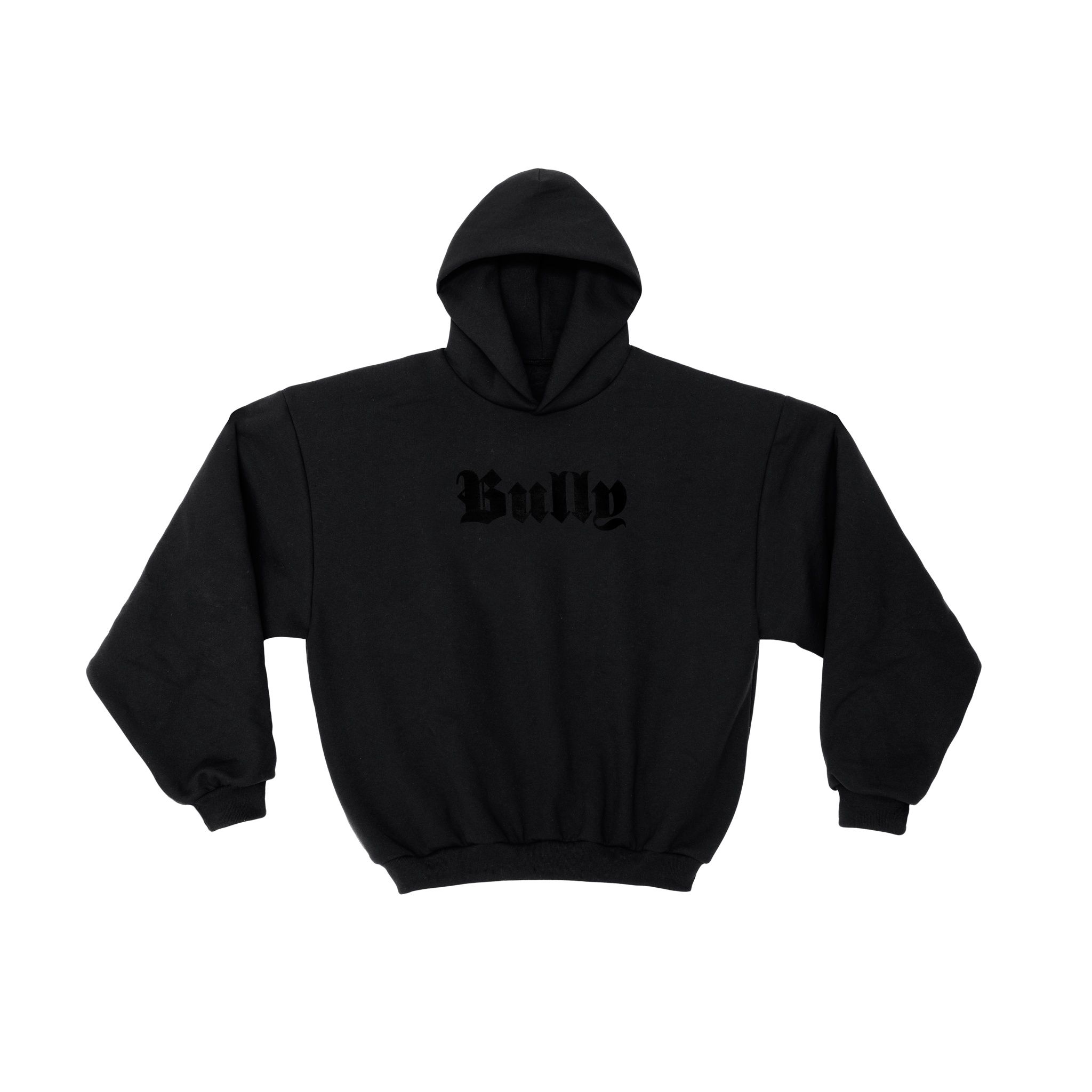 Ye’s Bully sweatpants were YZY’s SP-06 jogger, with one gothic word at the hip. Black on black Bully hoodie, front, BULLY across the chest, yeezy.com product image.