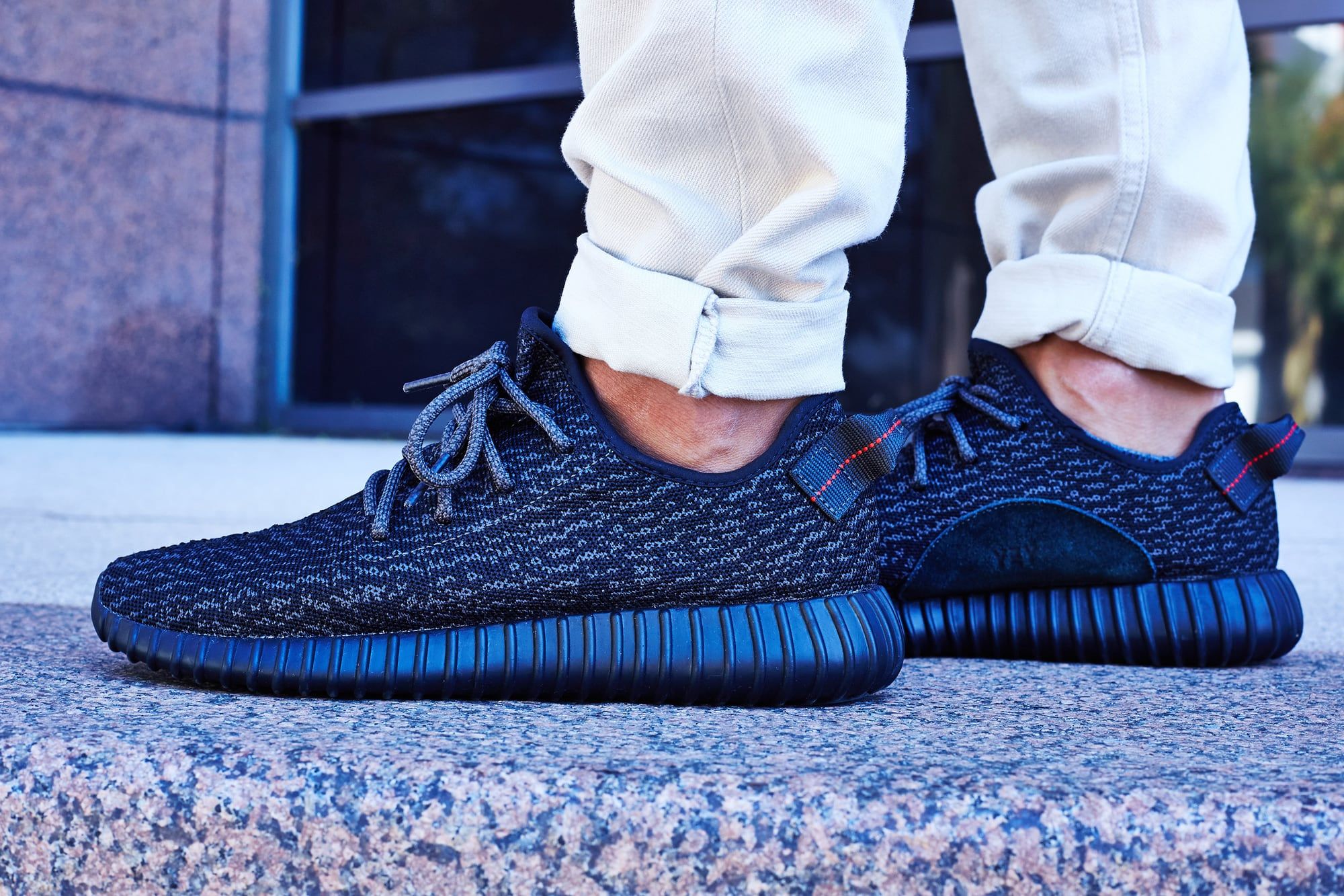 Ye wore the 350 Turtle Dove four weeks early, then again in black. Pirate Black on foot, cream cuffed trousers, granite step.