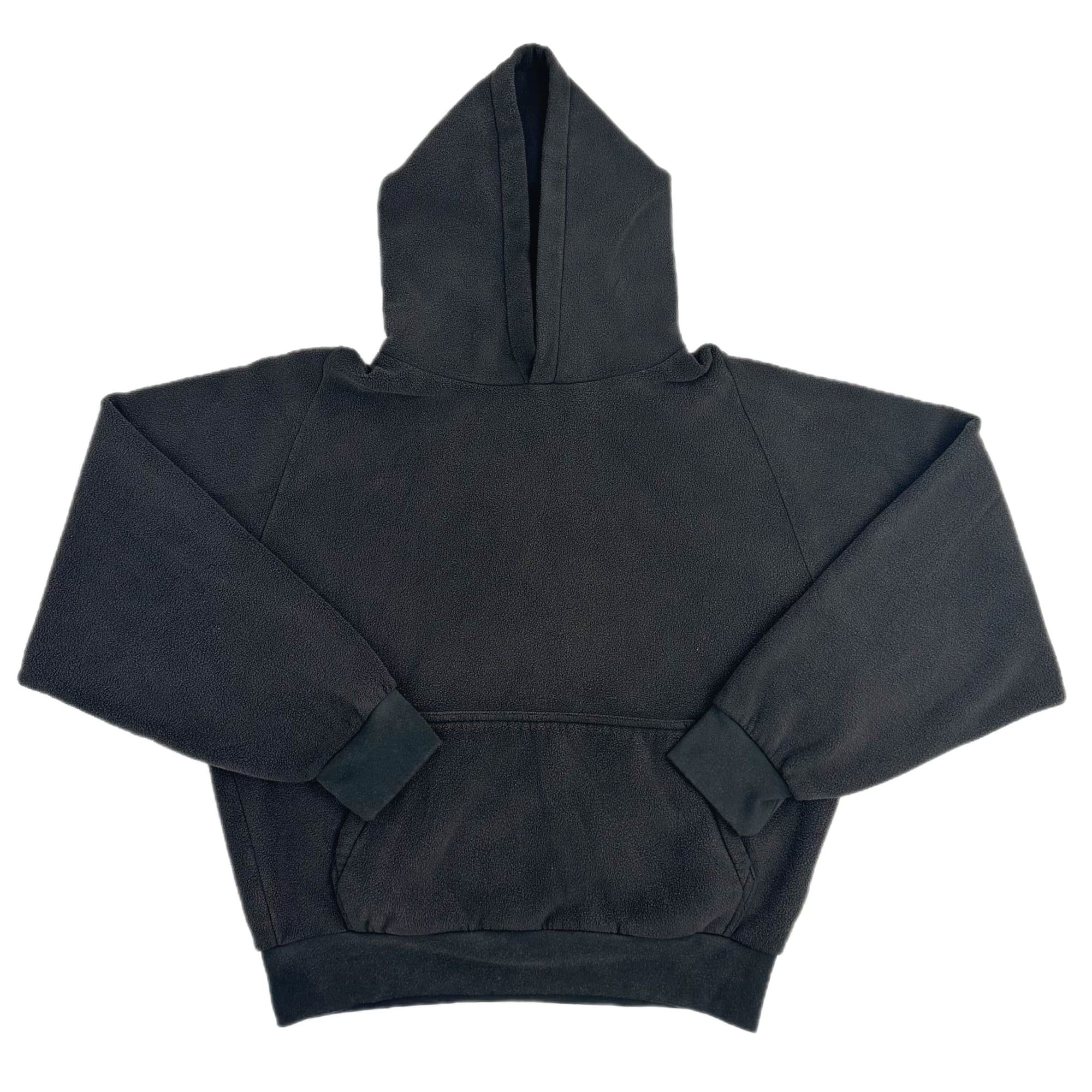 The H09 and H10 never made it to Gap. The $180 polar fleece did. Washed black H09 hoodie, front, laid flat.