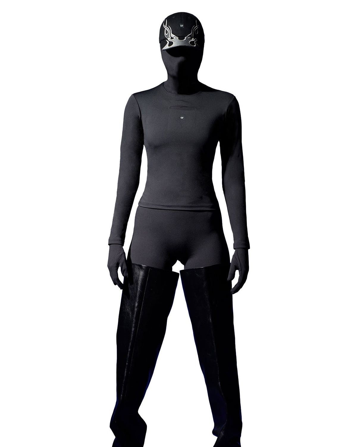 The $80 Second Skin was the plainest thing in Yeezy Gap’s Balenciaga line. Black, women's long sleeve on a woman, cropped in.