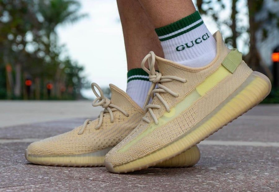 In 2020, the 350 V2 you got depended on where you lived. Flax on foot, Gucci socks, pre-release, Jan 2020.